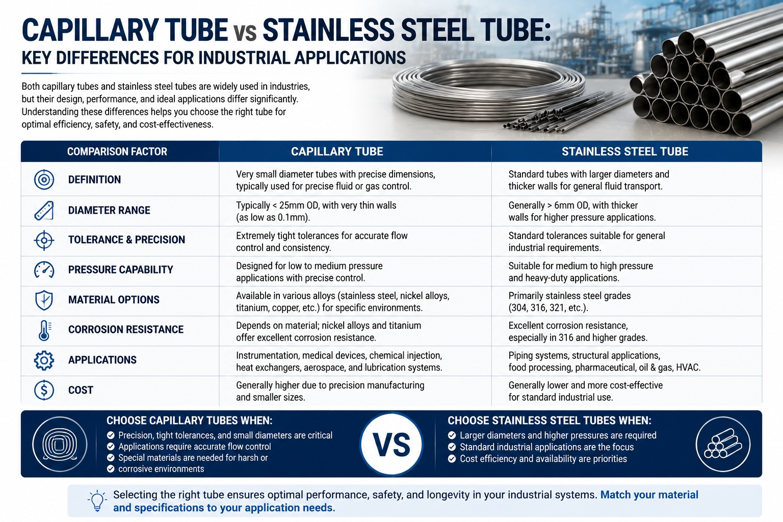 Capillary Tube vs Stainless Steel Tube: Key Differences for Industrial Applications